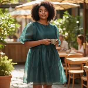 Sugarlips Borza Organza Teal Puff Sleeve Mini Dress